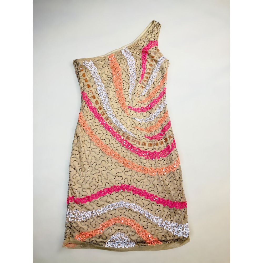 Rampage Y2K Womens One Shoulder Sequined Beaded‎ Mini Dress Pink Orange Size 7/8